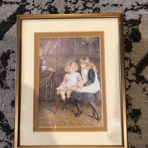 adorable vintage small gold framed print artwork 5.7x5.75”